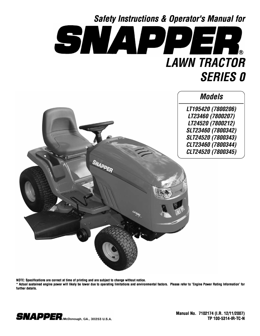 Snapper LT23460, LT195420, LT24520, SLT23460, SLT24520, CLT23460, CLT24520 specifications Lawn Tractor Series, Models 