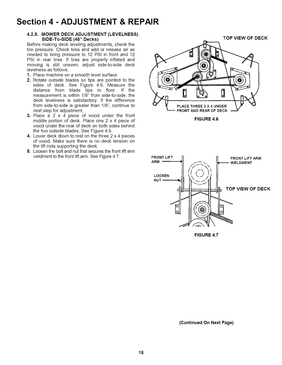 Snapper WLT180H421BV2, LT200H481BV2 Mower Deck Adjustment Levelness SIDE-To-SIDE 48 Decks, TOP View of Deck, On Next 