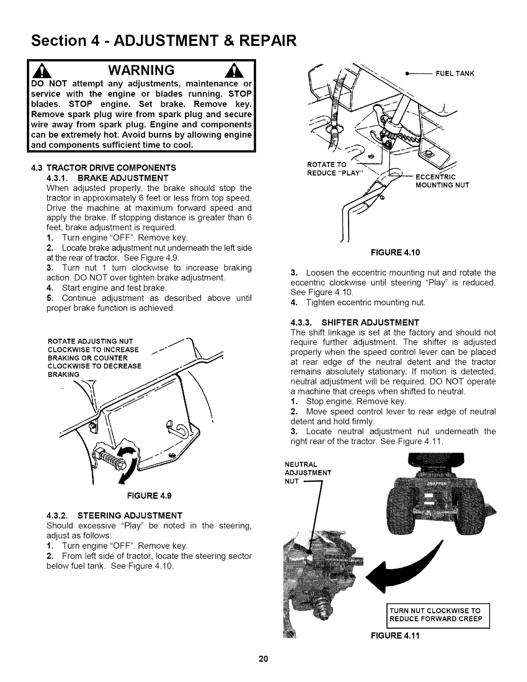 Snapper LT200H481BV2 Tractor Drive Components 1. Brake Adjustment, Steering Adjustment, 3, Shifter Adjustment 