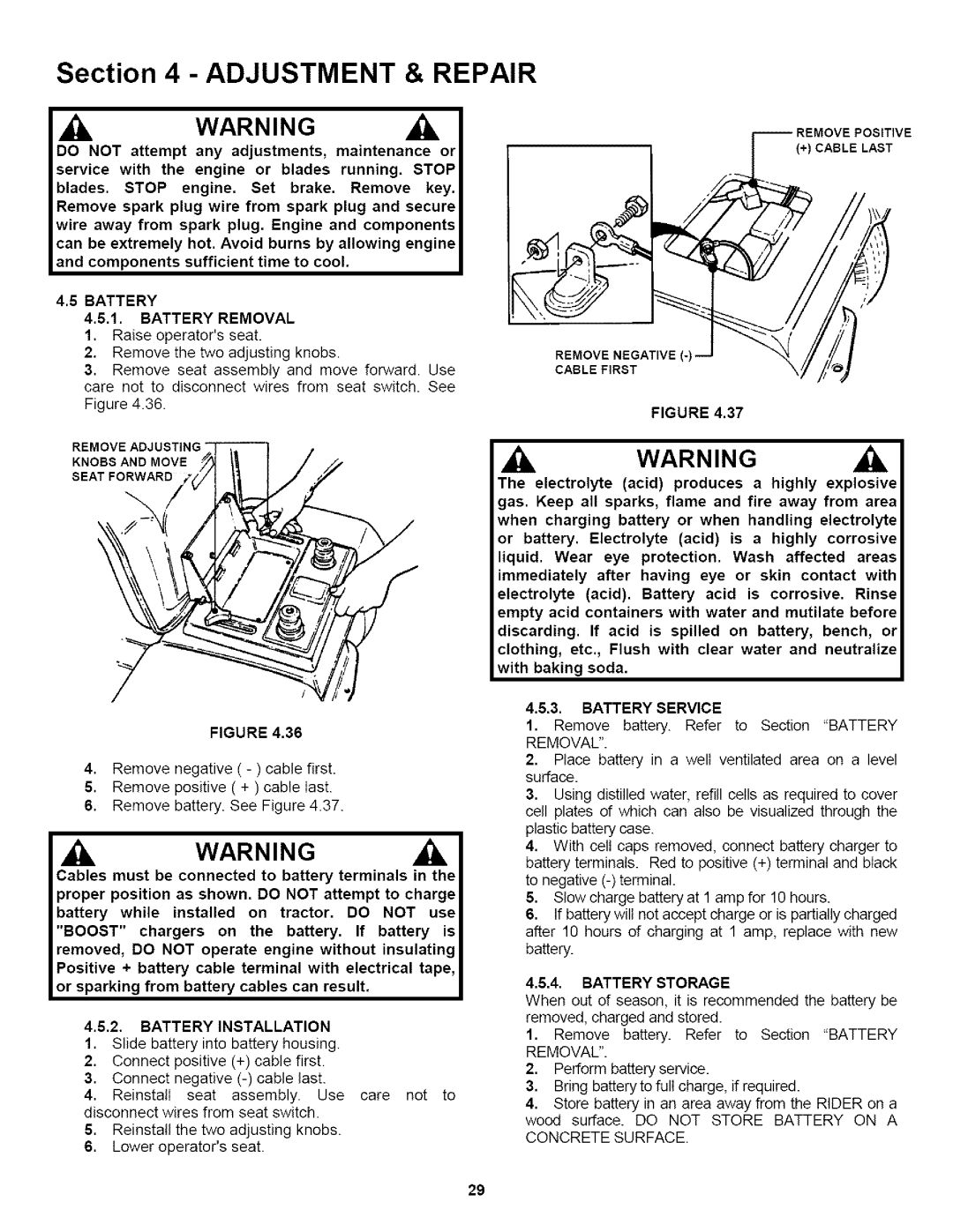 Snapper LT180H421BV2, LT200H481BV2 Battery Battery Removal, Battery Installation, Battery Service, Battery Storage 