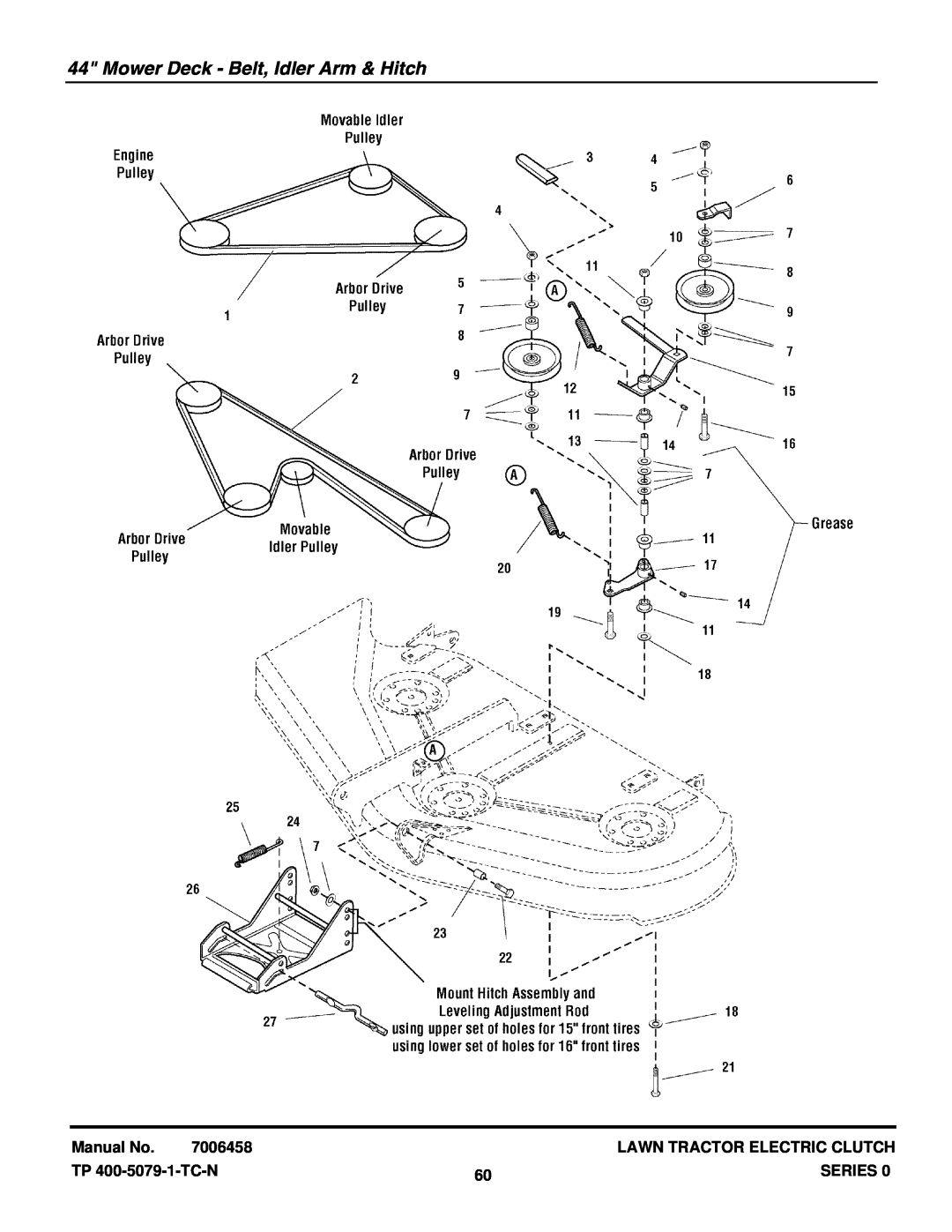Snapper LT2040 (2690500) Mower Deck - Belt, Idler Arm & Hitch, Manual No, 7006458, Lawn Tractor Electric Clutch, Series 