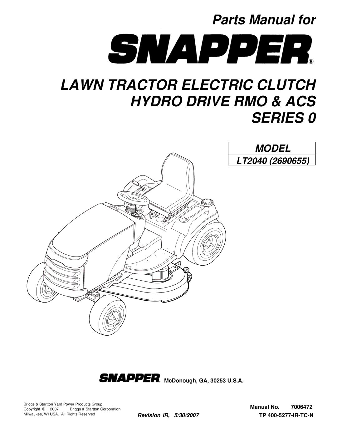 Snapper LT2040 manual Lawn Tractor Electric Clutch Hydro Drive RMO & ACS Series 