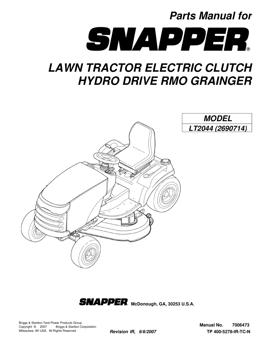 Snapper LT2044 (2690714) manual Lawn Tractor Electric Clutch Hydro Drive RMO Grainger 