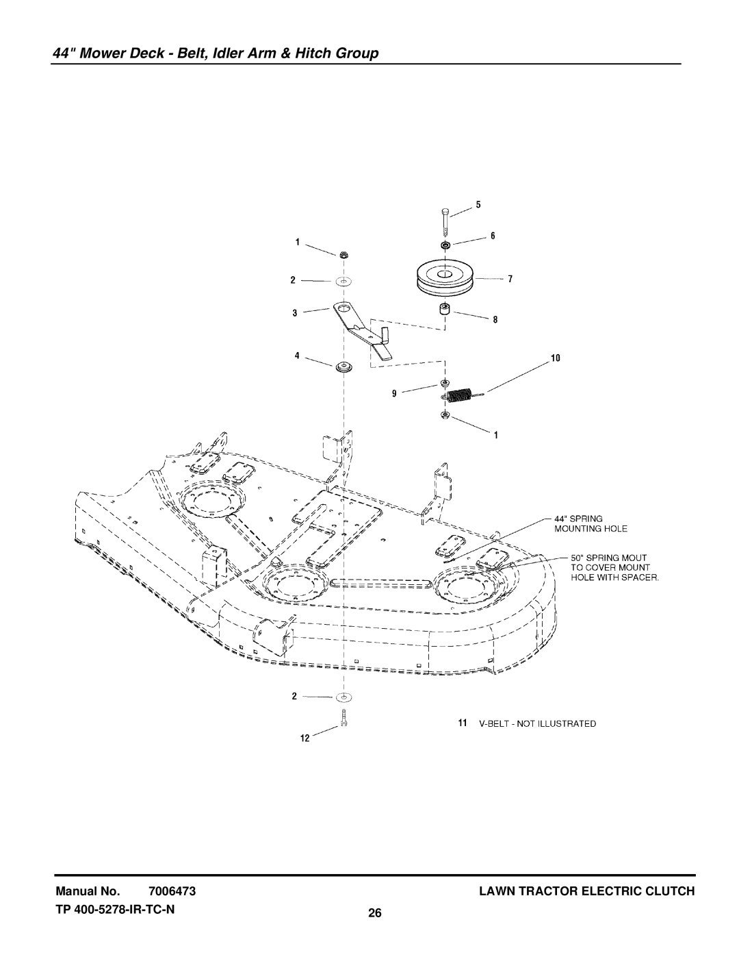 Snapper LT2044 (2690714) manual Mower Deck Belt, Idler Arm & Hitch Group 