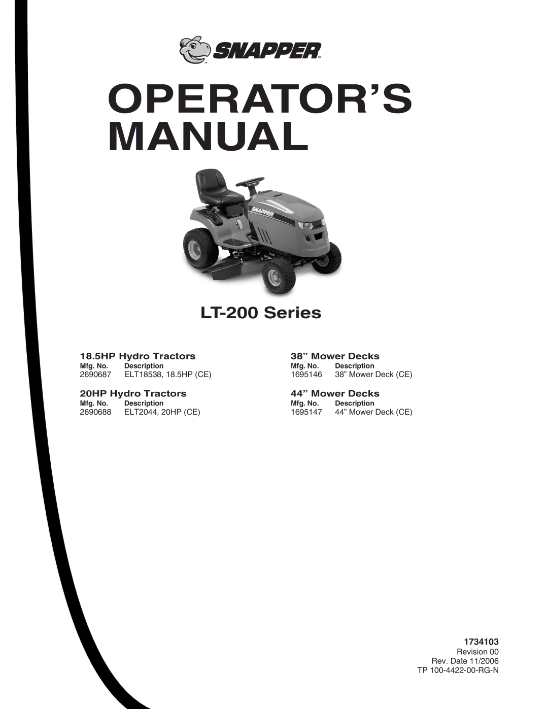 Snapper LT2044 manual 18.5HP Hydro Tractors Mower Decks, 20HP Hydro Tractors Mower Decks, 1734103 