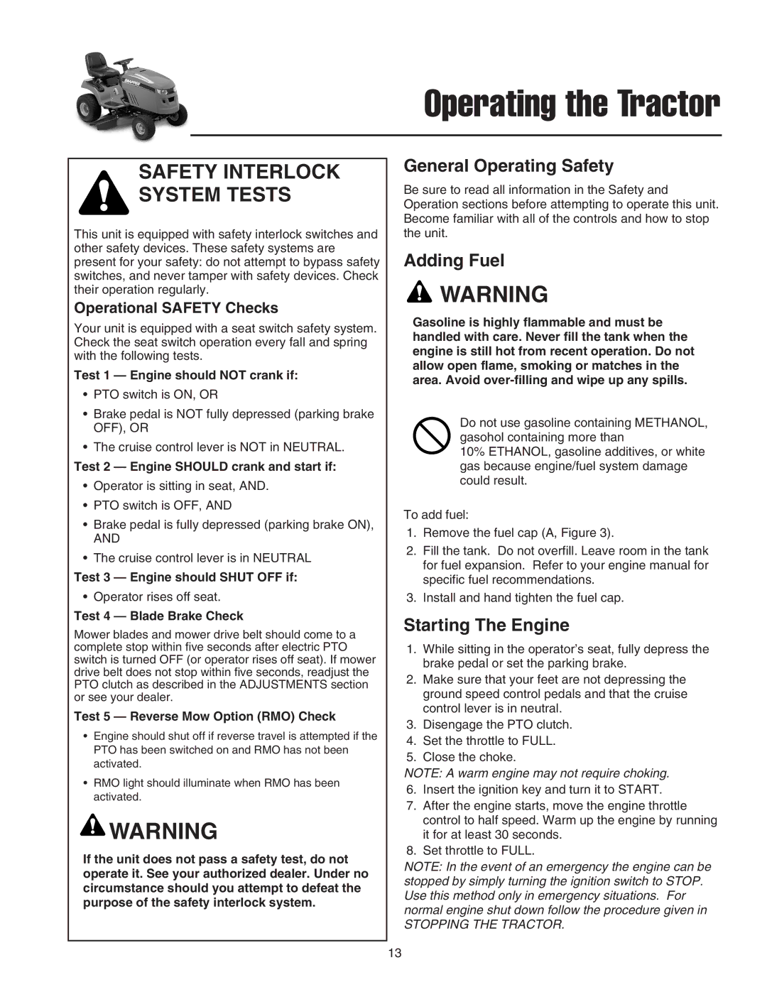 Snapper LT2044 manual General Operating Safety, Adding Fuel, Starting The Engine, Operational Safety Checks 