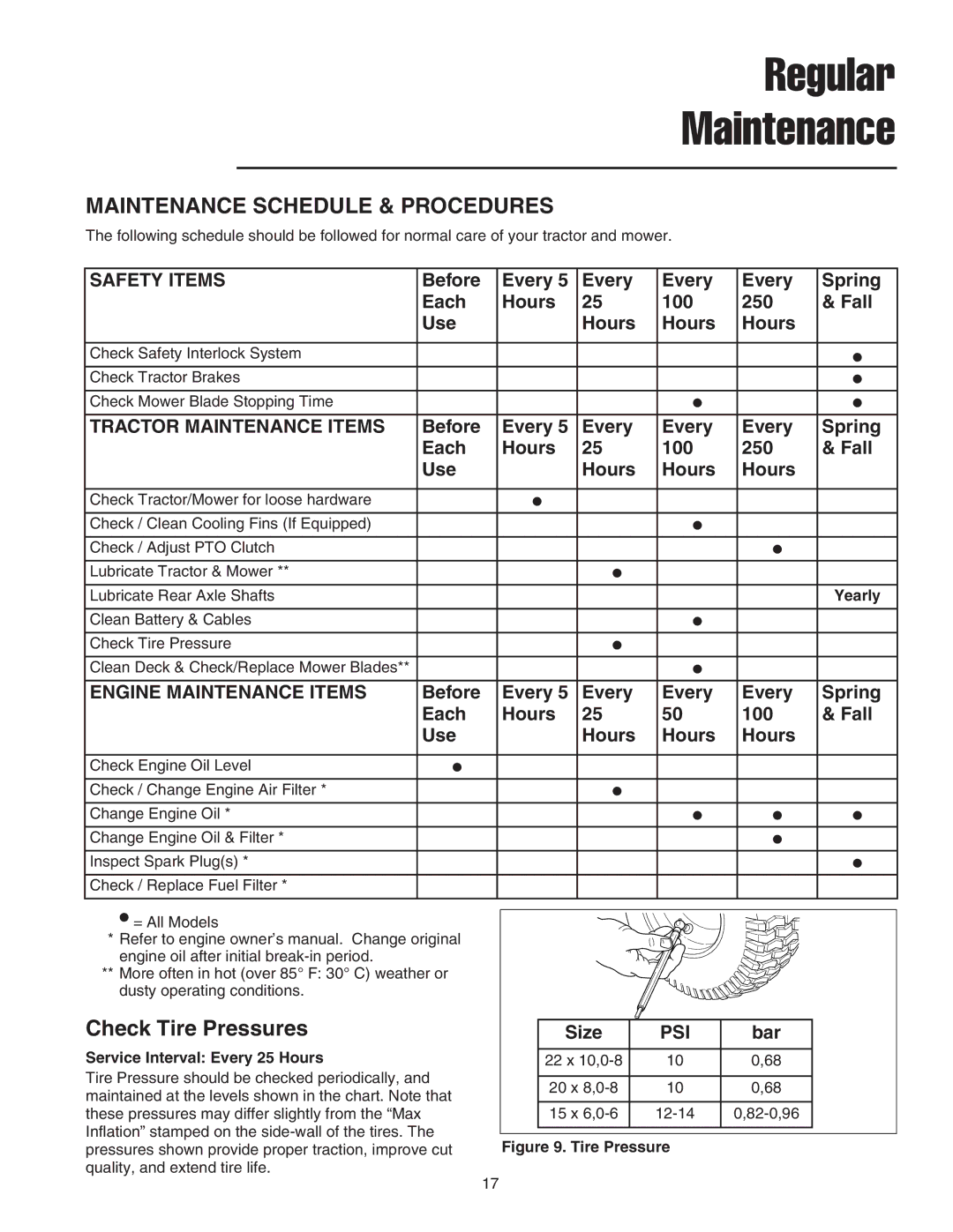 Snapper LT2044 manual Check Tire Pressures, Before Every Spring Each Hours 100 250 Fall Use, Size, Bar 