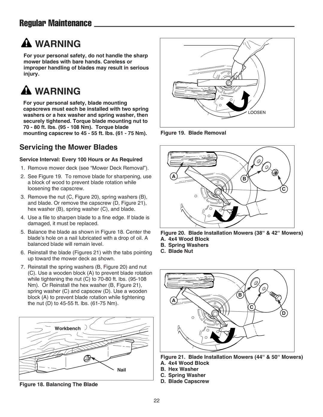 Snapper LT2044 manual Servicing the Mower Blades, Service Interval Every 100 Hours or As Required 