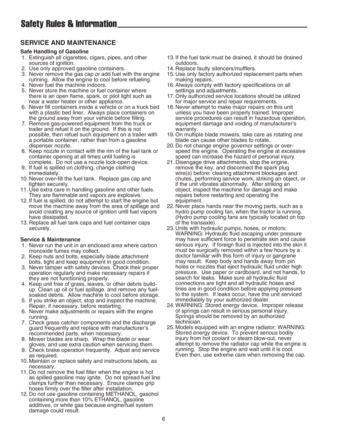 Snapper LT2044 manual Safe Handling of Gasoline, Service & Maintenance 