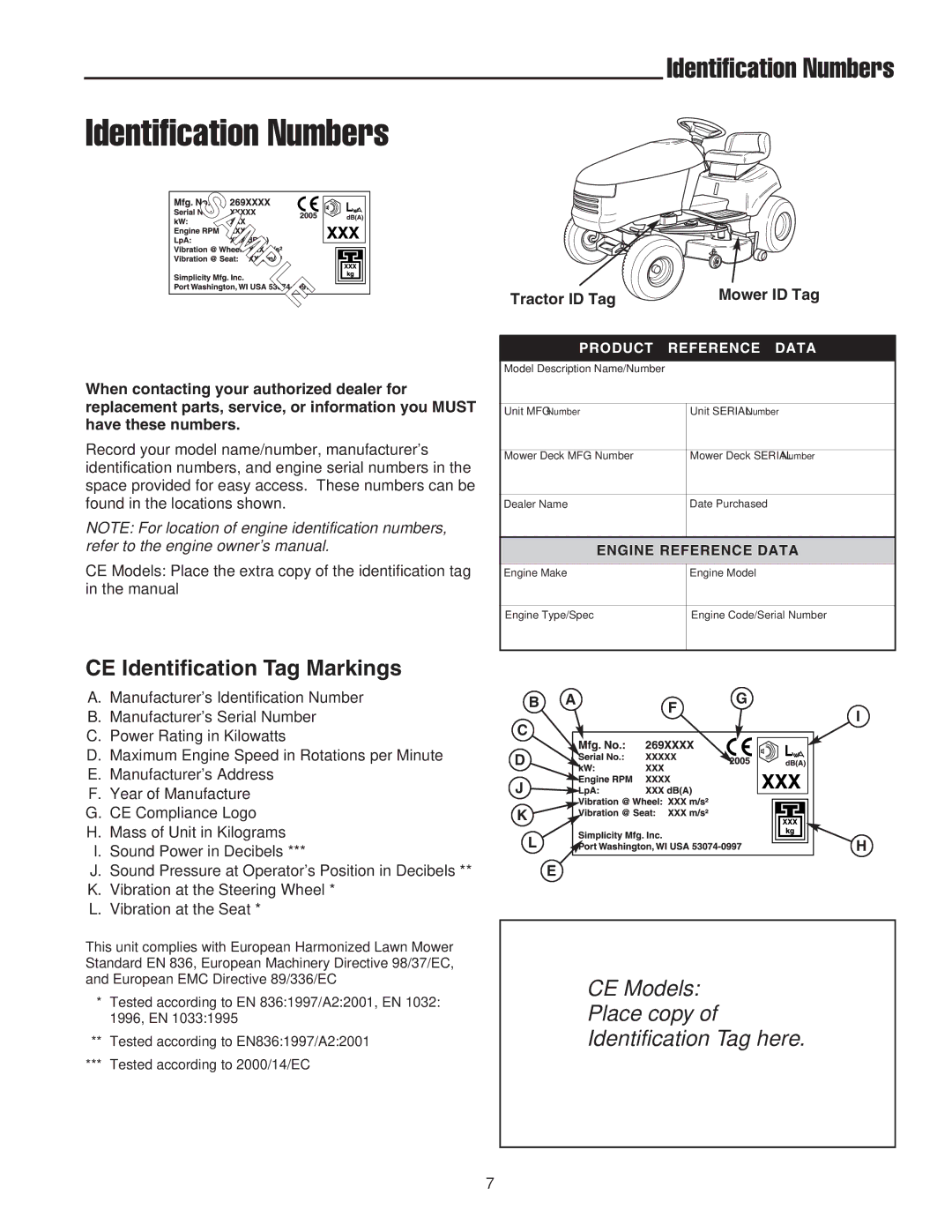 Snapper LT2044 manual Identification Numbers, CE Identification Tag Markings, Tractor ID Tag Mower ID Tag 