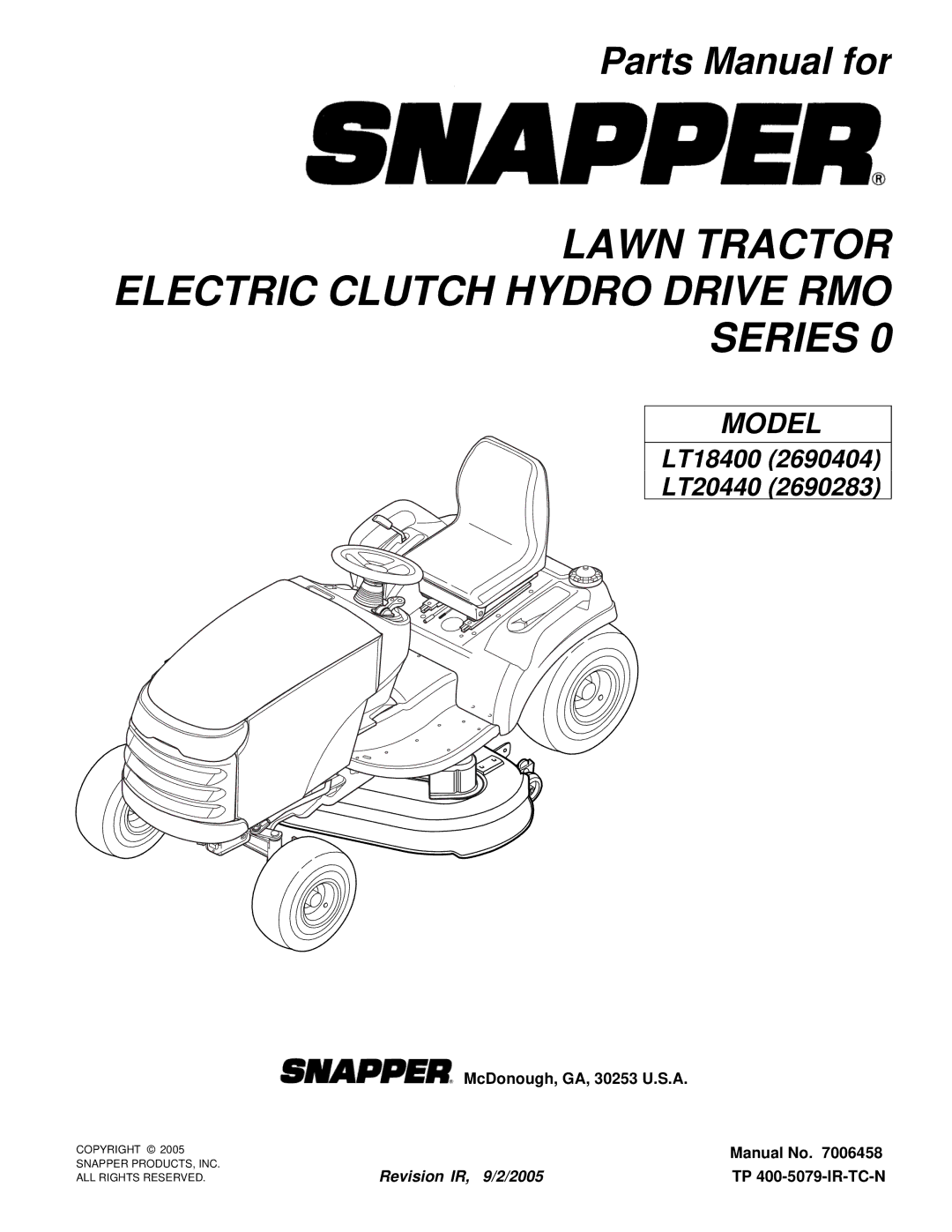 Snapper LT18400, LT20440 manual Lawn Tractor Electric Clutch Hydro Drive RMO Series 