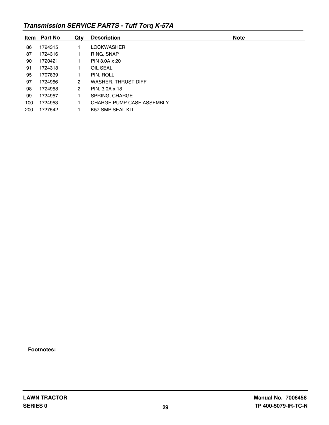 Snapper LT18400 manual Lockwasher, RING, Snap, OIL Seal, PIN, Roll, WASHER, Thrust Diff, SPRING, Charge, K57 SMP Seal KIT 