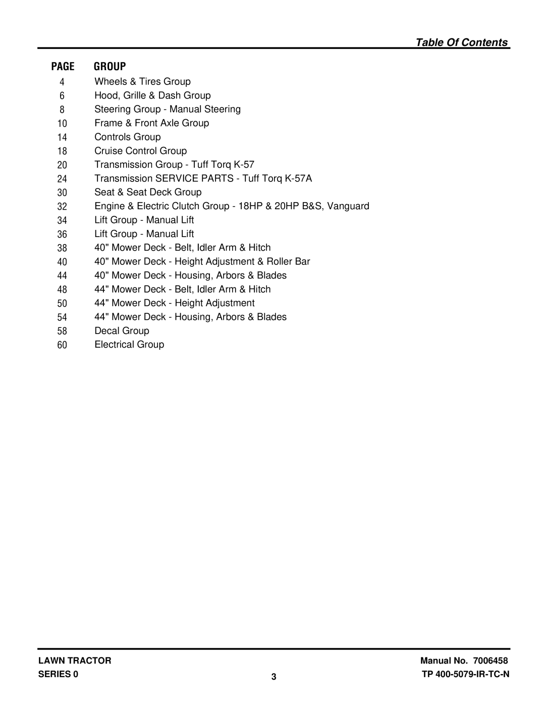 Snapper LT18400, LT20440 manual Table Of Contents 