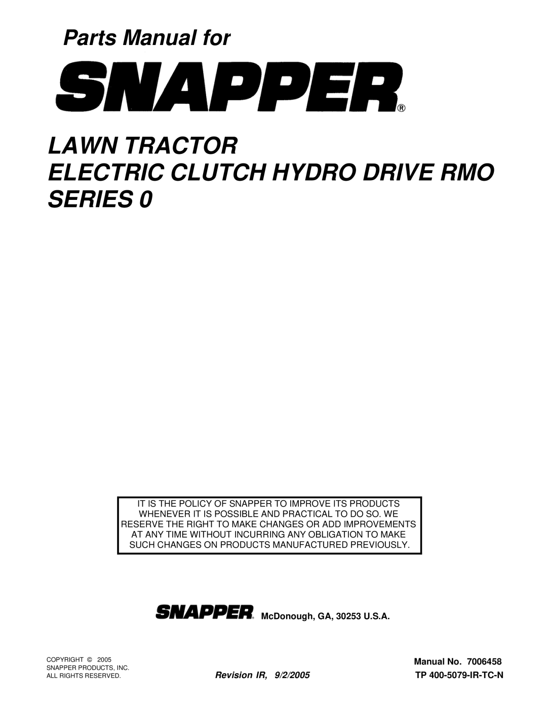 Snapper LT20440, LT18400 manual Lawn Tractor Electric Clutch Hydro Drive RMO Series 