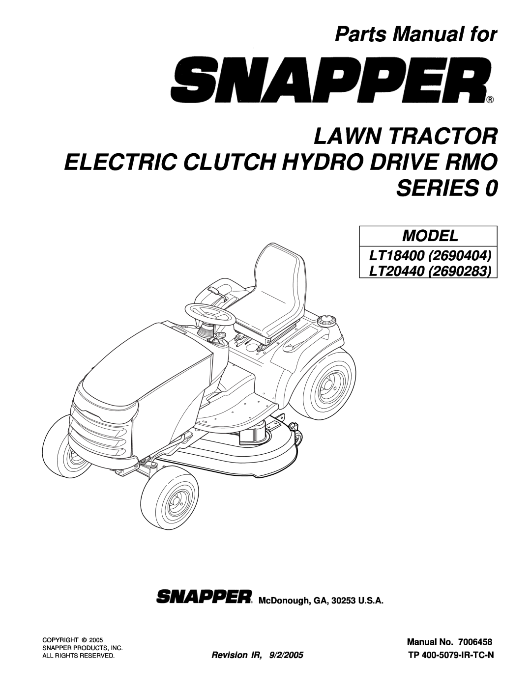 Snapper manual Lawn Tractor Electric Clutch Hydro Drive Rmo Series, Parts Manual for, Model, LT18400 LT20440, Manual No 