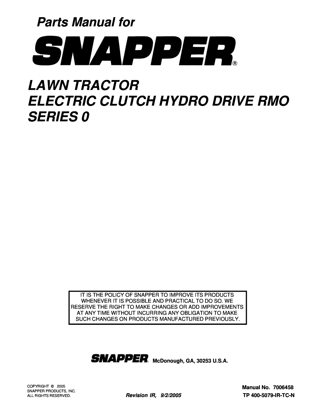 Snapper LT20440, LT18400 Lawn Tractor Electric Clutch Hydro Drive Rmo Series, Parts Manual for, McDonough, GA, 30253 U.S.A 