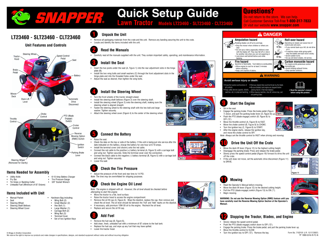 Snapper CLT23460 setup guide Unit Features and Controls, Read the Manuals, Install the Steering Wheel, Start the Engine 