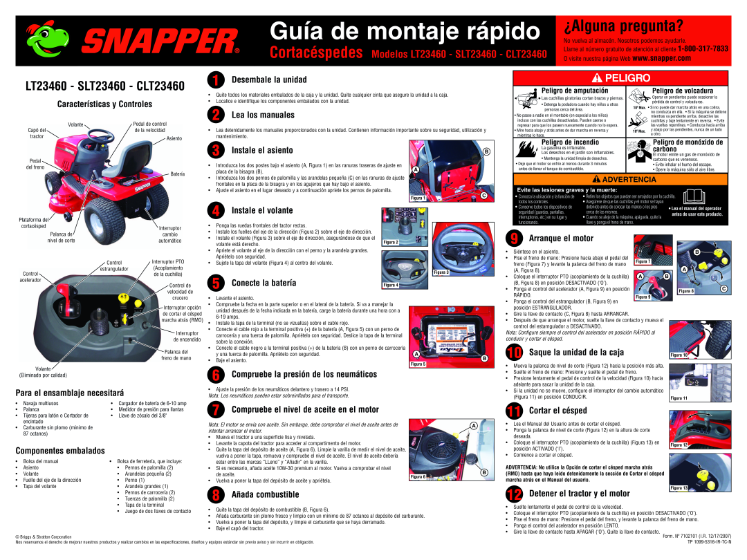 Snapper setup guide ¿Alguna pregunta?, Guía de montaje rápido, LT23460 - SLT23460 - CLT23460, Peligro, Arranque el motor 