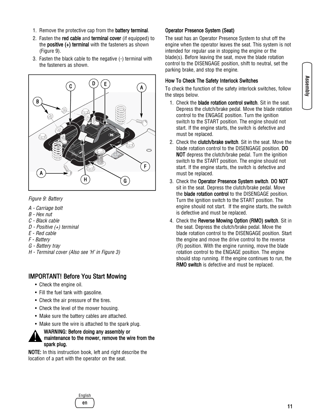 Snapper LT23460AWS specifications IMPORTANT! Before You Start Mowing, Remove the protective cap from the battery terminal 