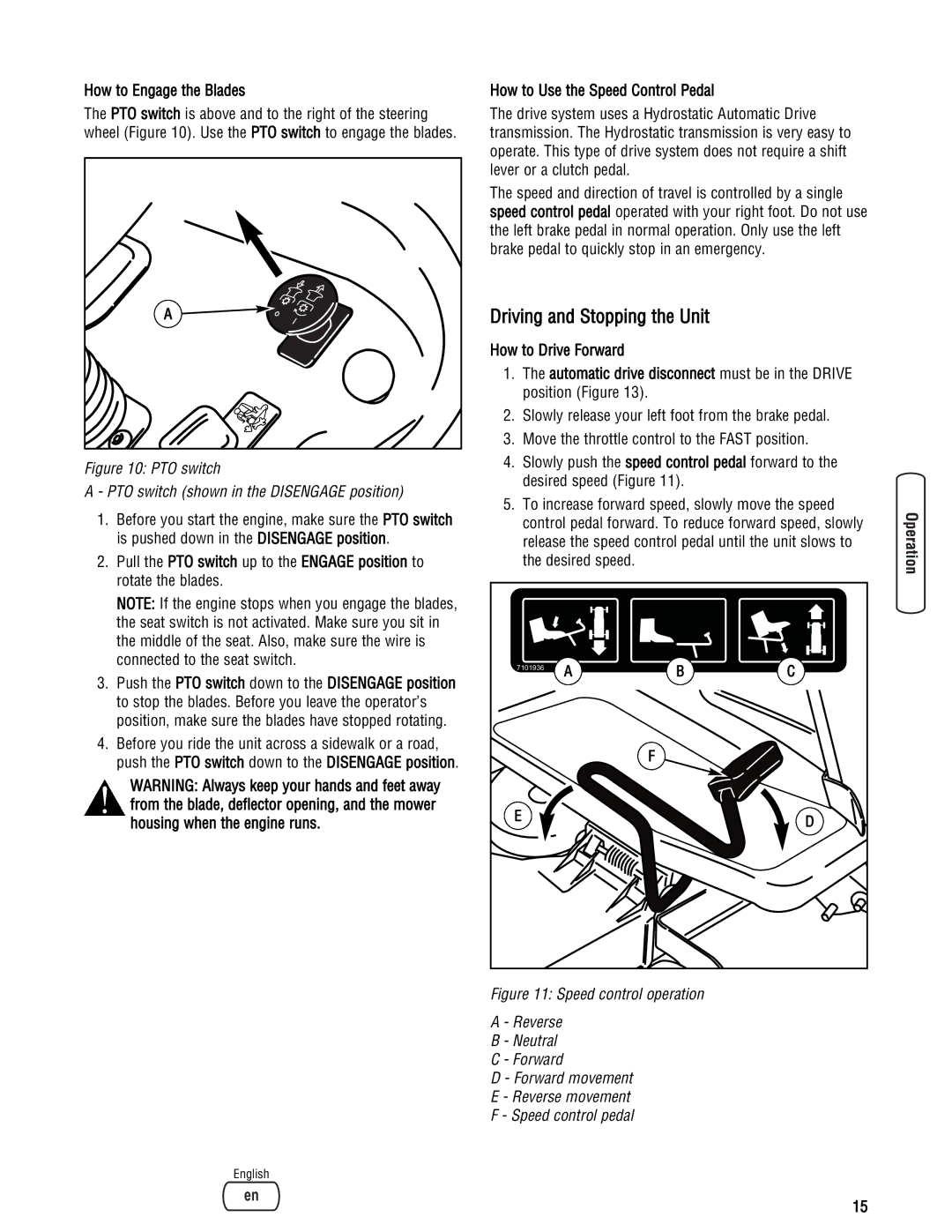 Snapper LT23460AWS Driving and Stopping the Unit, How to Engage the Blades, How to Use the Speed Control Pedal 