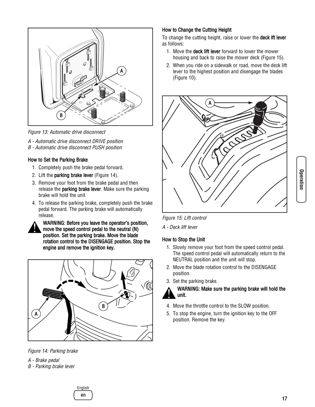 Snapper LT23460AWS specifications How to Set the Parking Brake, How to Change the Cutting Height, How to Stop the Unit 