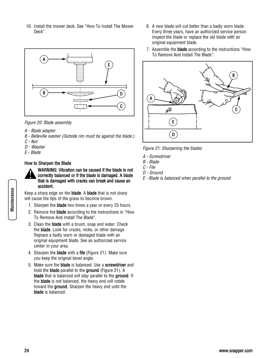 Snapper LT23460AWS specifications Install the mower deck. See How To Install The Mower Deck, How to Sharpen the Blade 