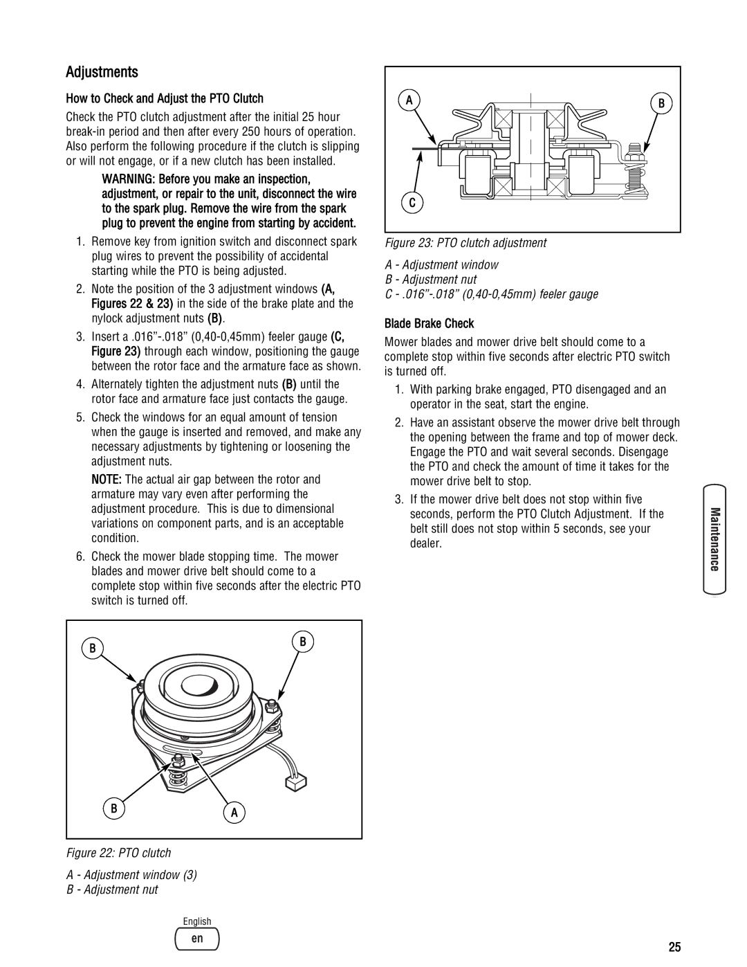 Snapper LT23460AWS specifications Adjustments, How to Check and Adjust the PTO Clutch, Blade Brake Check 