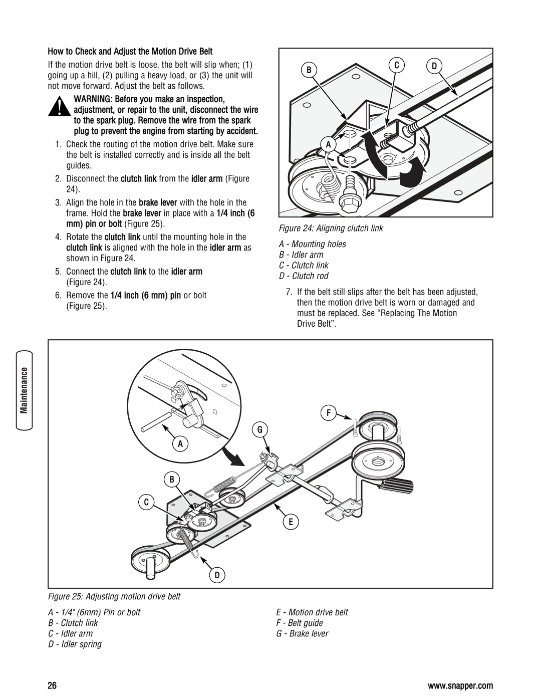 Snapper LT23460AWS How to Check and Adjust the Motion Drive Belt, Remove the 1/4 inch 6 mm pin or bolt Figure 