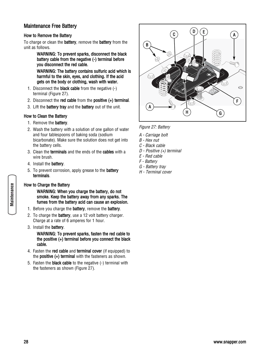 Snapper LT23460AWS specifications How to Remove the Battery, Lift the battery tray and the battery out of the unit 