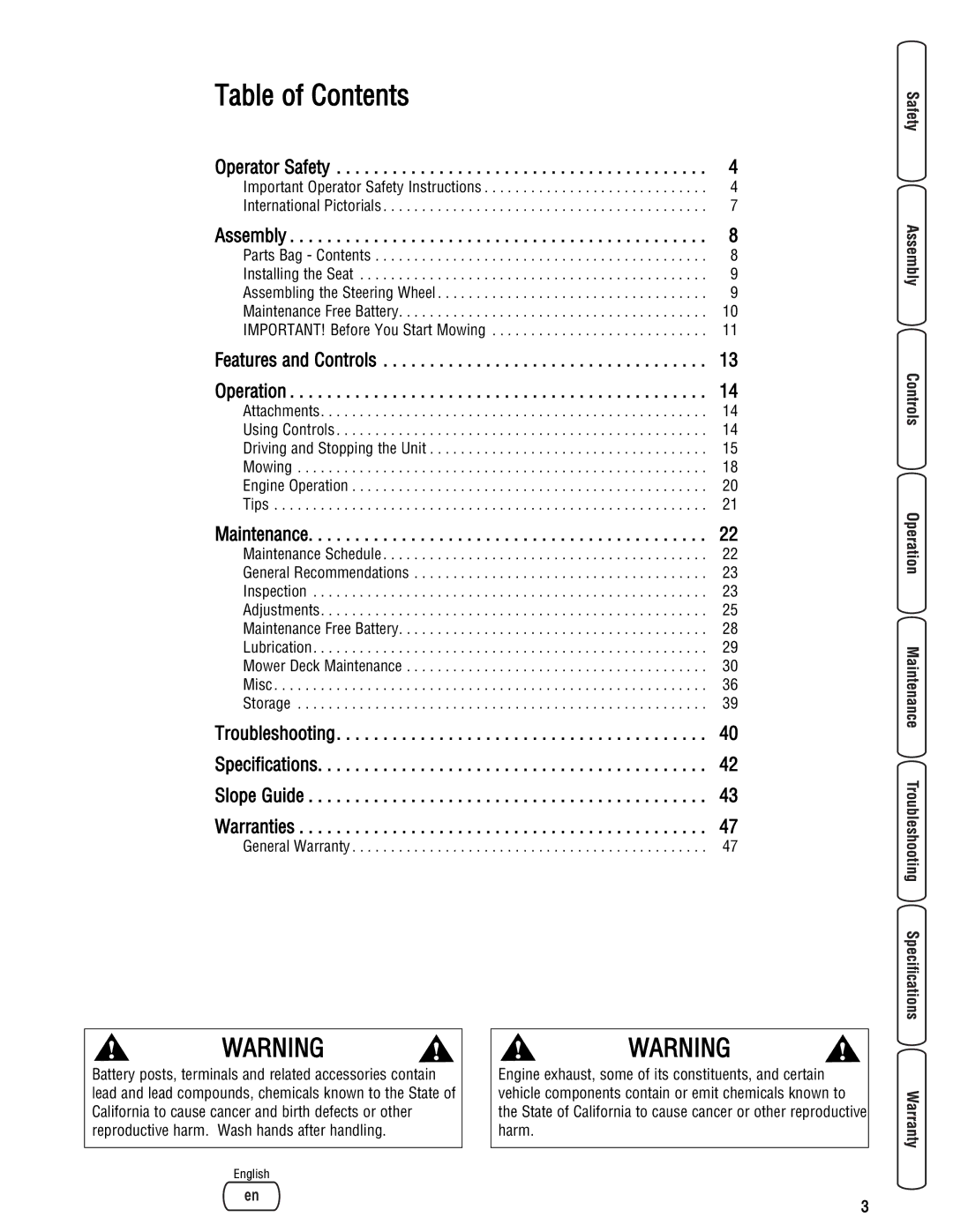 Snapper LT23460AWS specifications Table of Contents 