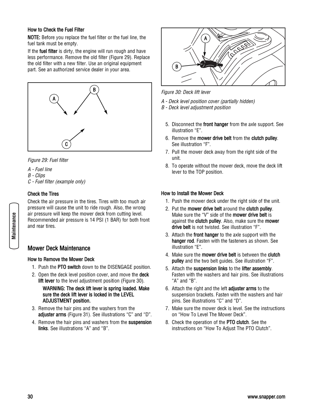 Snapper LT23460AWS specifications Mower Deck Maintenance, How to Check the Fuel Filter, How to Remove the Mower Deck 