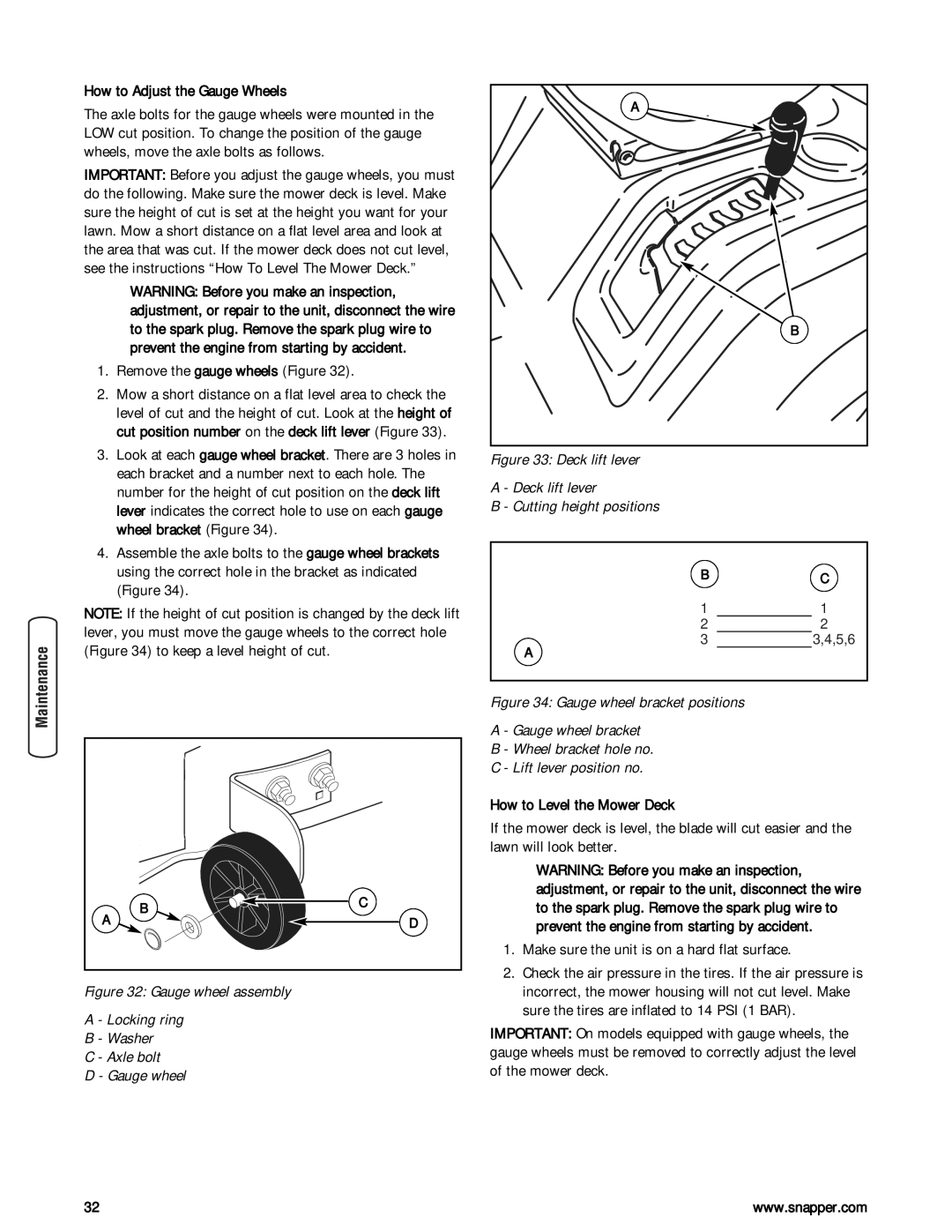 Snapper LT23460AWS specifications How to Adjust the Gauge Wheels, Axle bolts for the gauge wheels were mounted 