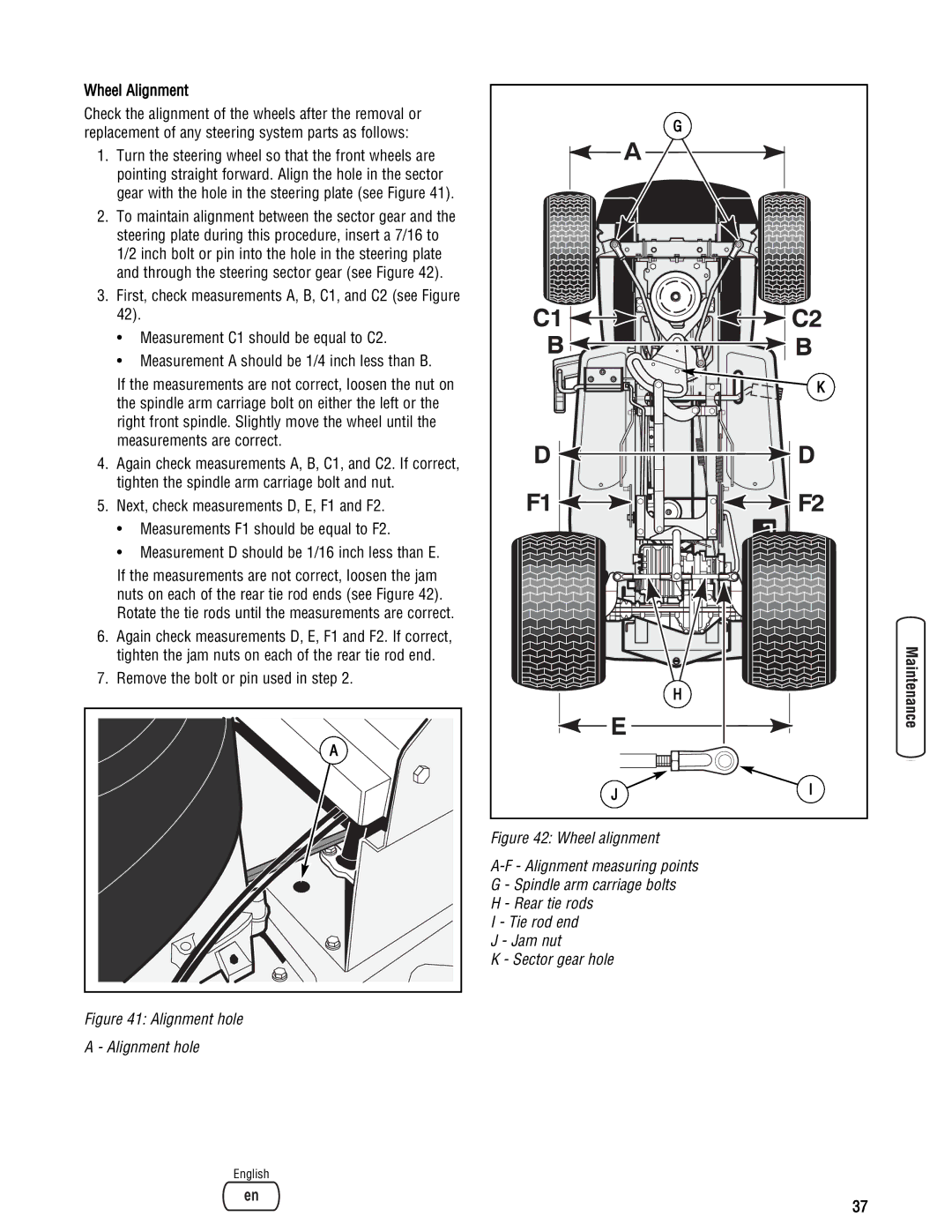 Snapper LT23460AWS specifications Wheel Alignment, Remove the bolt or pin used in step 