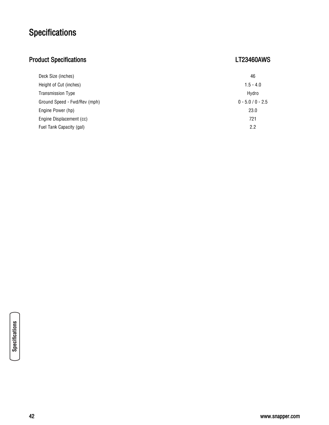 Snapper LT23460AWS specifications Product Specifications 