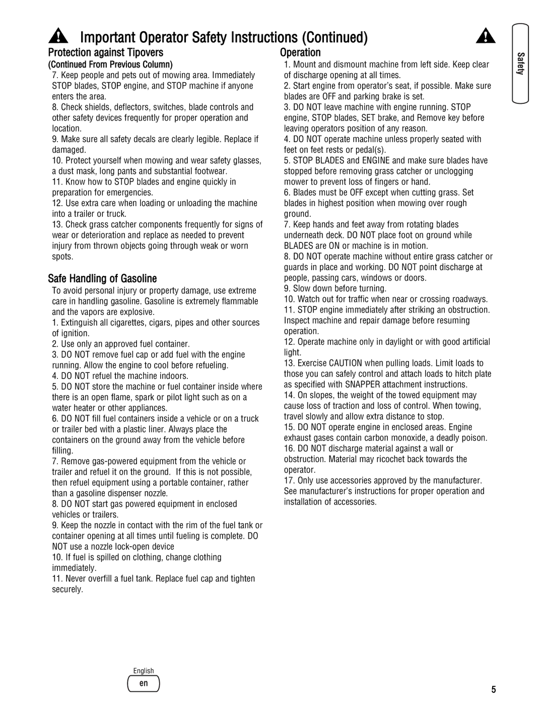 Snapper LT23460AWS specifications Safe Handling of Gasoline, Operation 