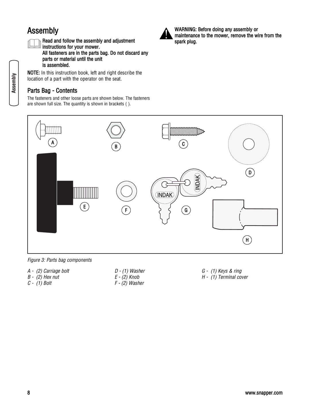 Snapper LT23460AWS specifications Assembly, Parts Bag Contents 