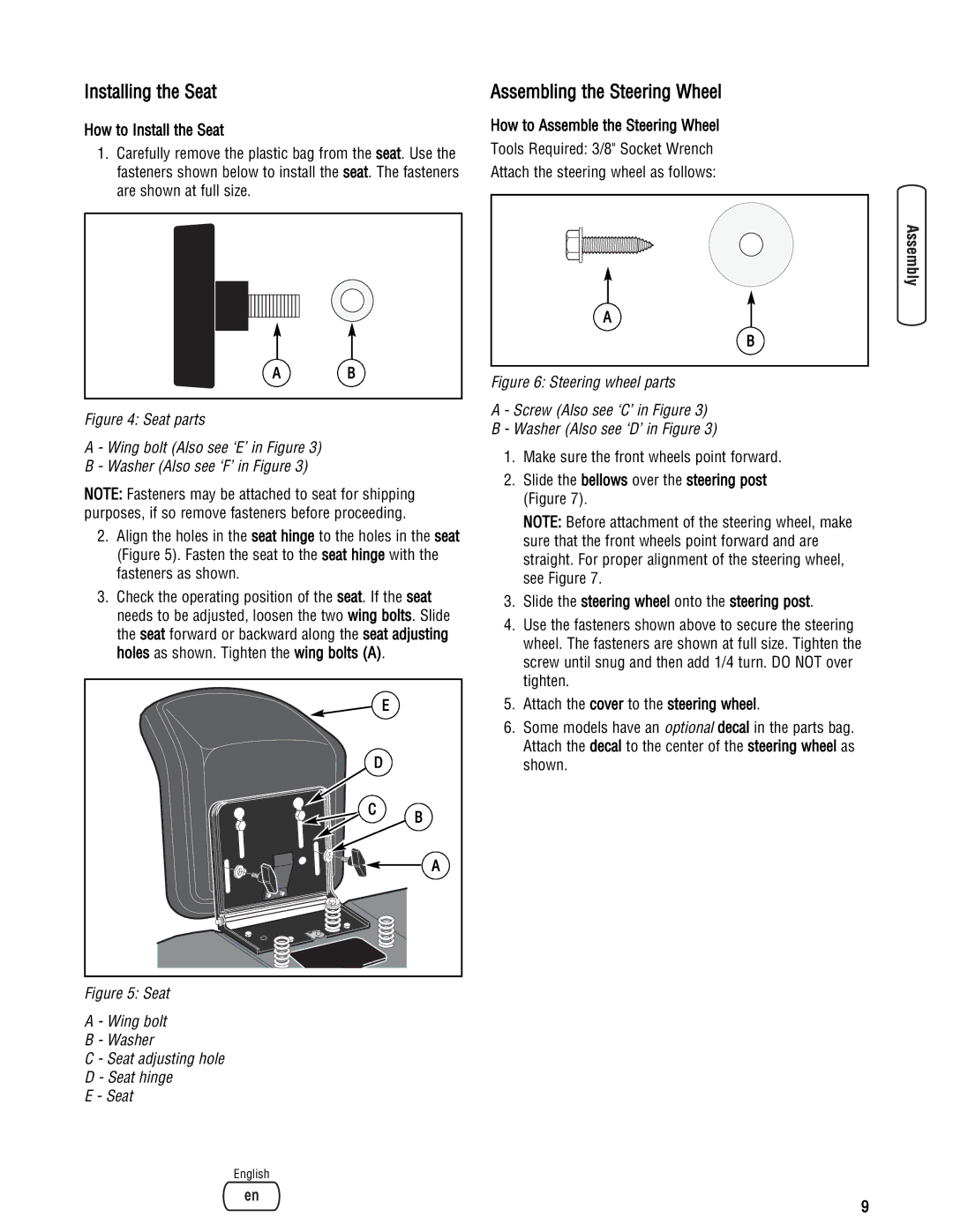 Snapper LT23460AWS specifications Installing the Seat, Assembling the Steering Wheel 