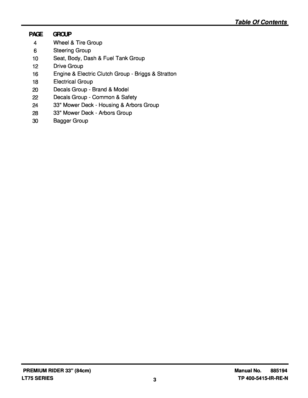 Snapper LT75 SERIES manual Table Of Contents, Page Group, 4Wheel & Tire Group 6Steering Group, 12Drive Group 