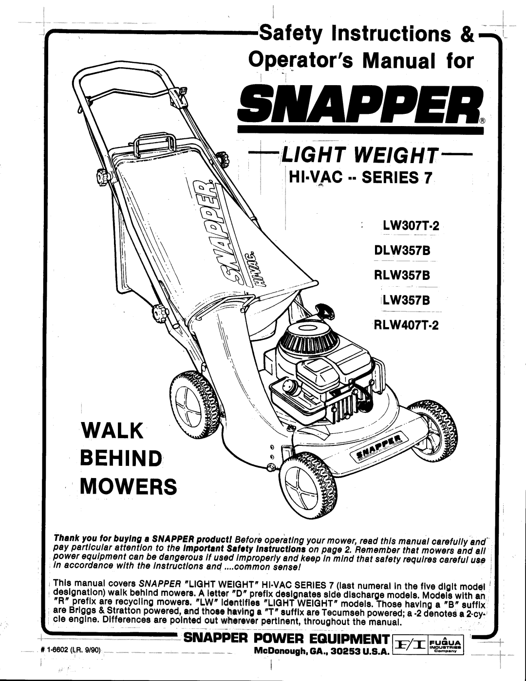 Snapper LW307-2, LW307T manual 