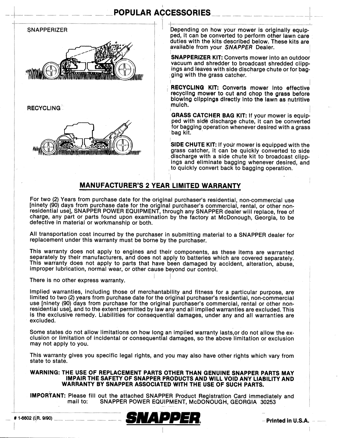 Snapper LW307T, LW307-2 manual 