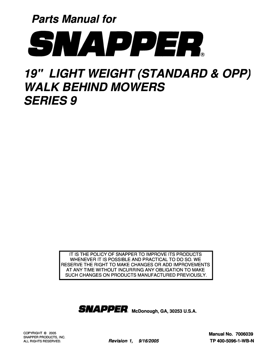 Snapper DLW409R-2 TP 400-5096-1-WB-N, Light Weight Standard & Opp Walk Behind Mowers Series, Parts Manual for, Manual No 