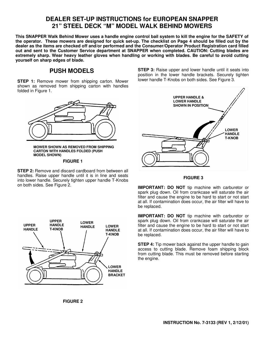 Snapper manual Steel Deck M Model Walk Behind Mowers, Push Models 