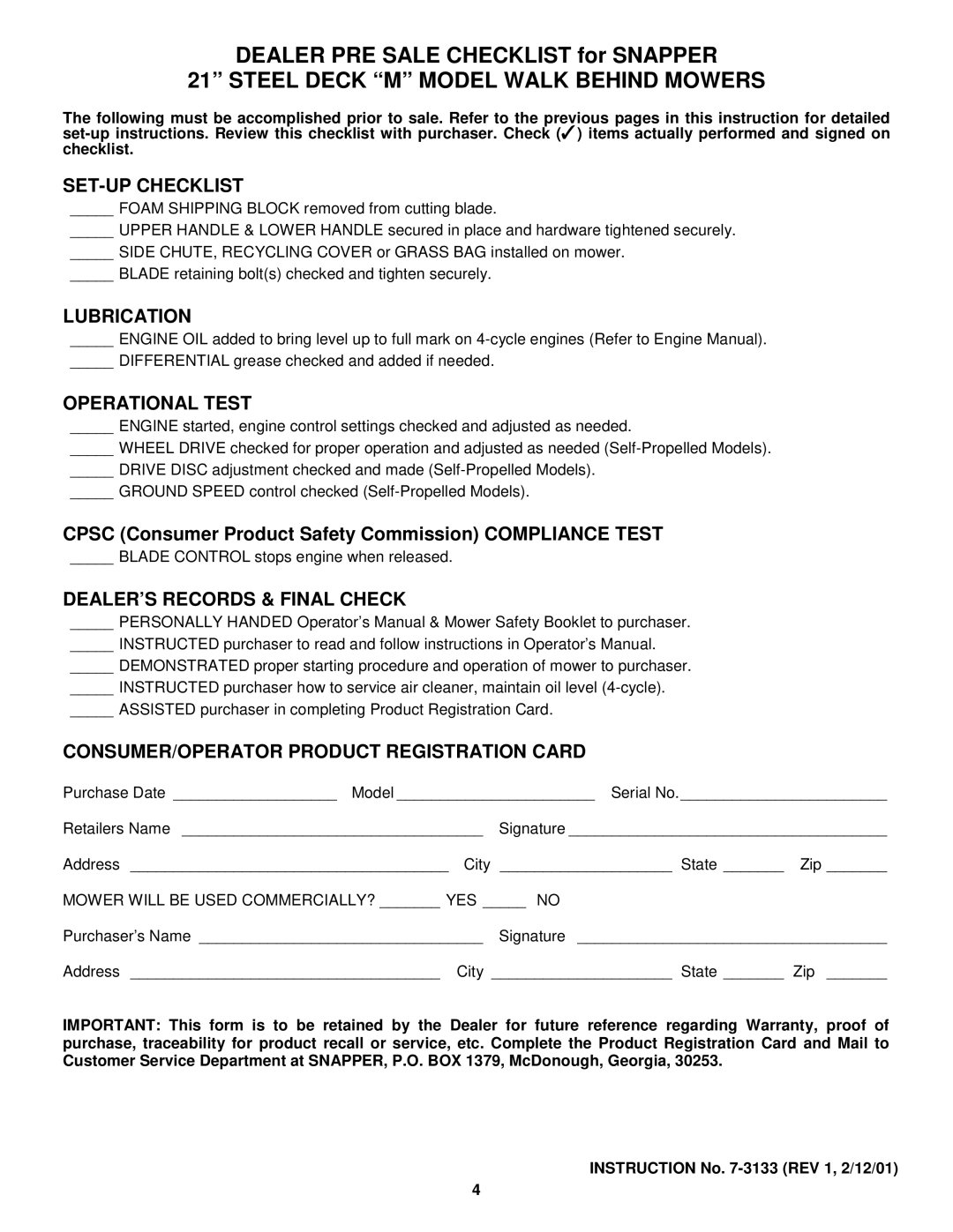 Snapper M manual Dealer PRE Sale Checklist for Snapper 