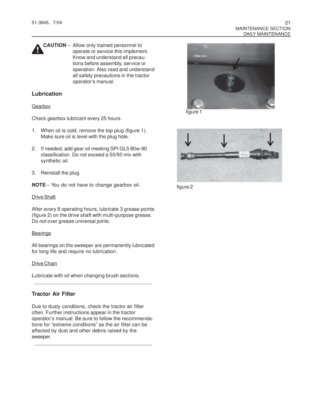 Snapper 151-3845, M26 Series manual Lubrication, Tractor Air Filter 