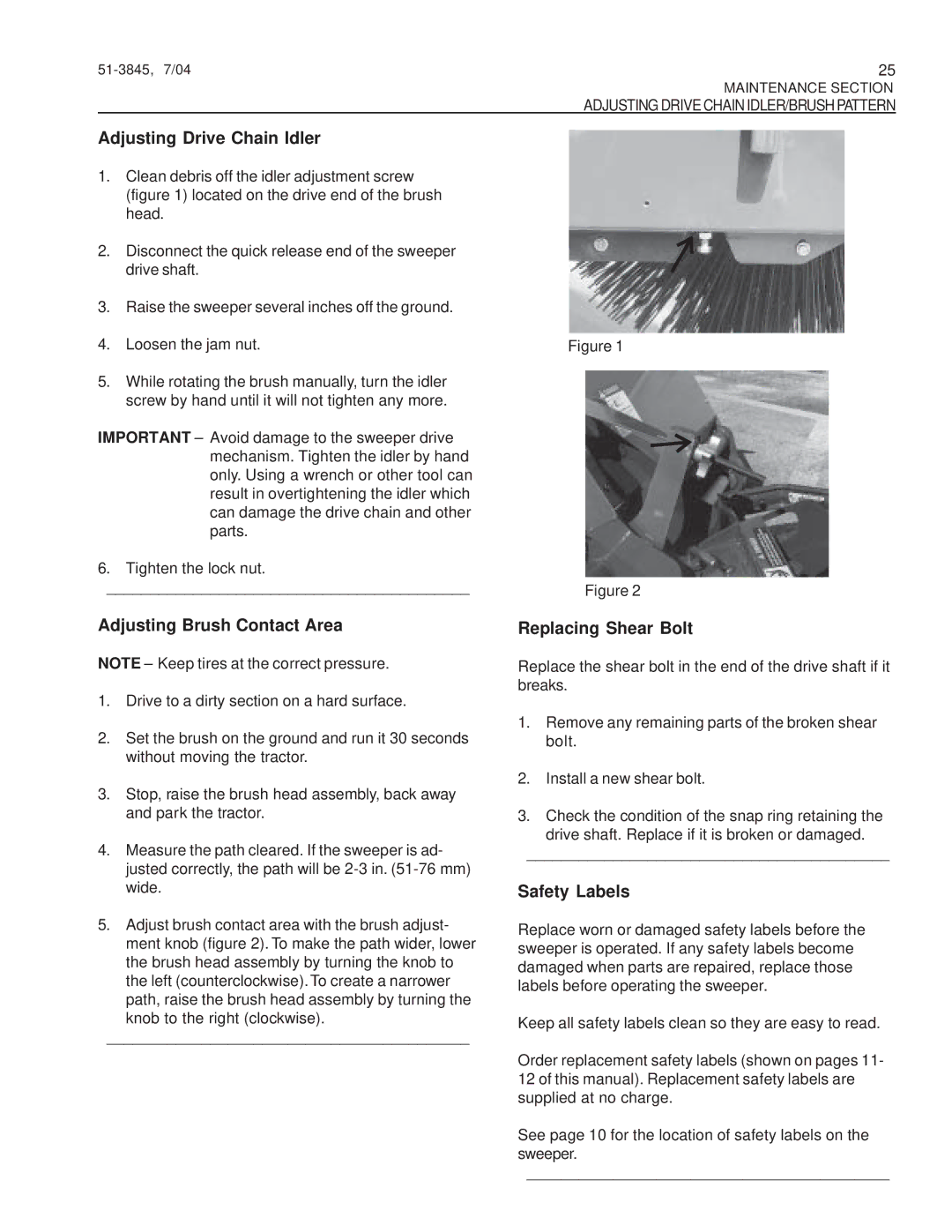 Snapper 151-3845 manual Adjusting Drive Chain Idler, Adjusting Brush Contact Area, Replacing Shear Bolt, Safety Labels 