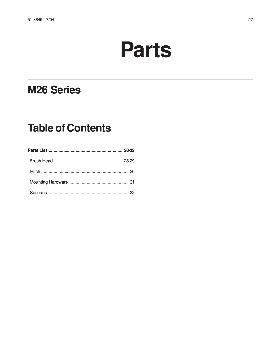 Snapper 151-3845 manual 28-32, M26 Series, Table of Contents, Parts List 