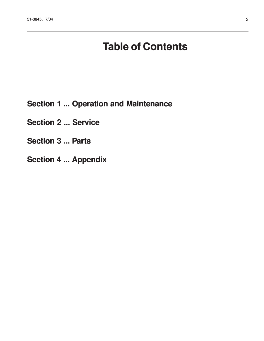Snapper 151-3845, M26 Series manual Table of Contents, Operation and Maintenance, Service ... Parts, Appendix 