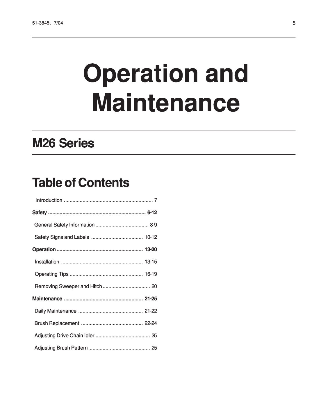 Snapper 151-3845 manual Operation and Maintenance, M26 Series, 6-12, 13-20, 21-25, Table of Contents 