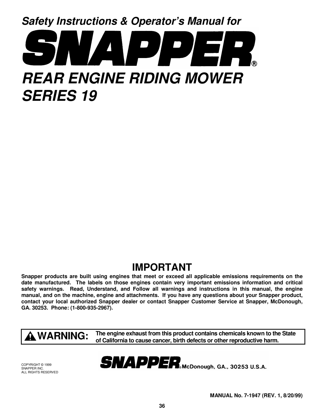 Snapper M280919B, M250819BE, M281019BE, M300919B, M301019BE important safety instructions Rear Engine Riding Mower Series 