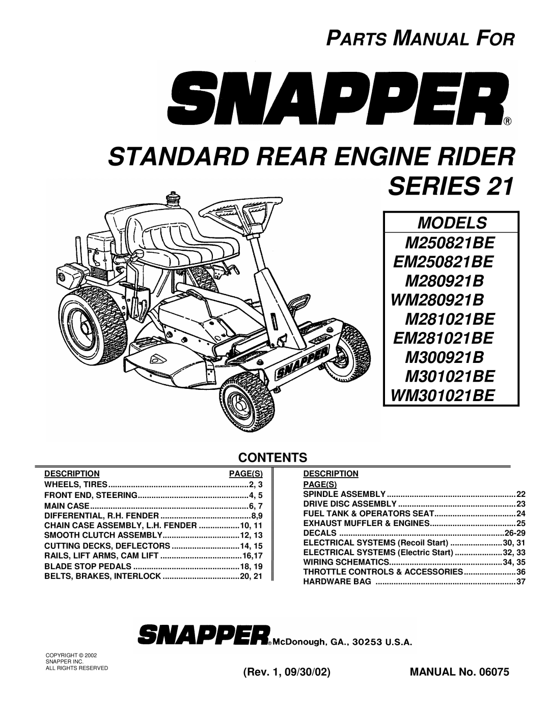 Snapper M280921B, M300921B, M301021BE, EM281021BE, EM250821BE manual Standard Rear Engine Rider Series, Contents 